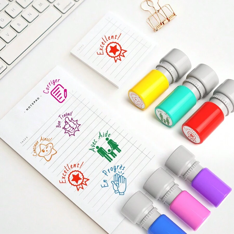 Conjunto de 6 carimbos coloridos para professores de francês, carimbos fofos e recarregáveis - carimbos para professores de sala de aula, volta às aulas, material escolar