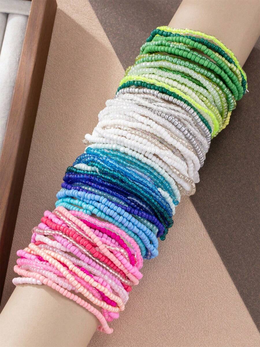 20pcs/Set Bohemian Gradient Colored Seed Beads Elastic Bracelet Set, Mix And Match