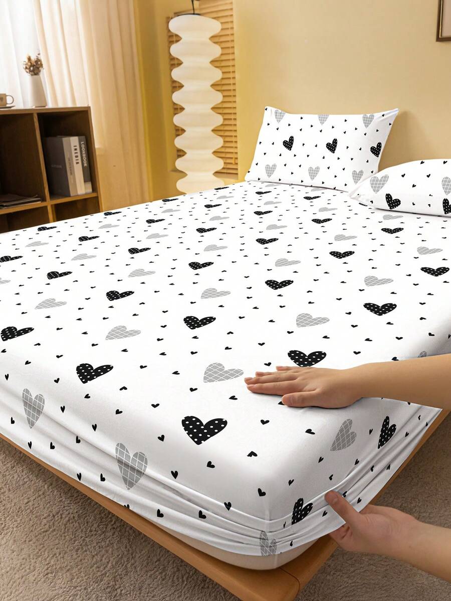 1 pièce Drap-housse, Linge de lit, Drap-housse, Protège-matelas, Protège-matelas doux et confortable pour la peau, Cadeau de la Saint-Valentin Drap-housse, Drap plat à motif géométrique d'amour de dessin animé, Ensemble de literie à motif de cœur mignon, Décoration intérieure, Drap-housse pour lit une place, double, king, queen, Literie Jour de l'indépendance, Cadeaux de literie, Lavable en machine