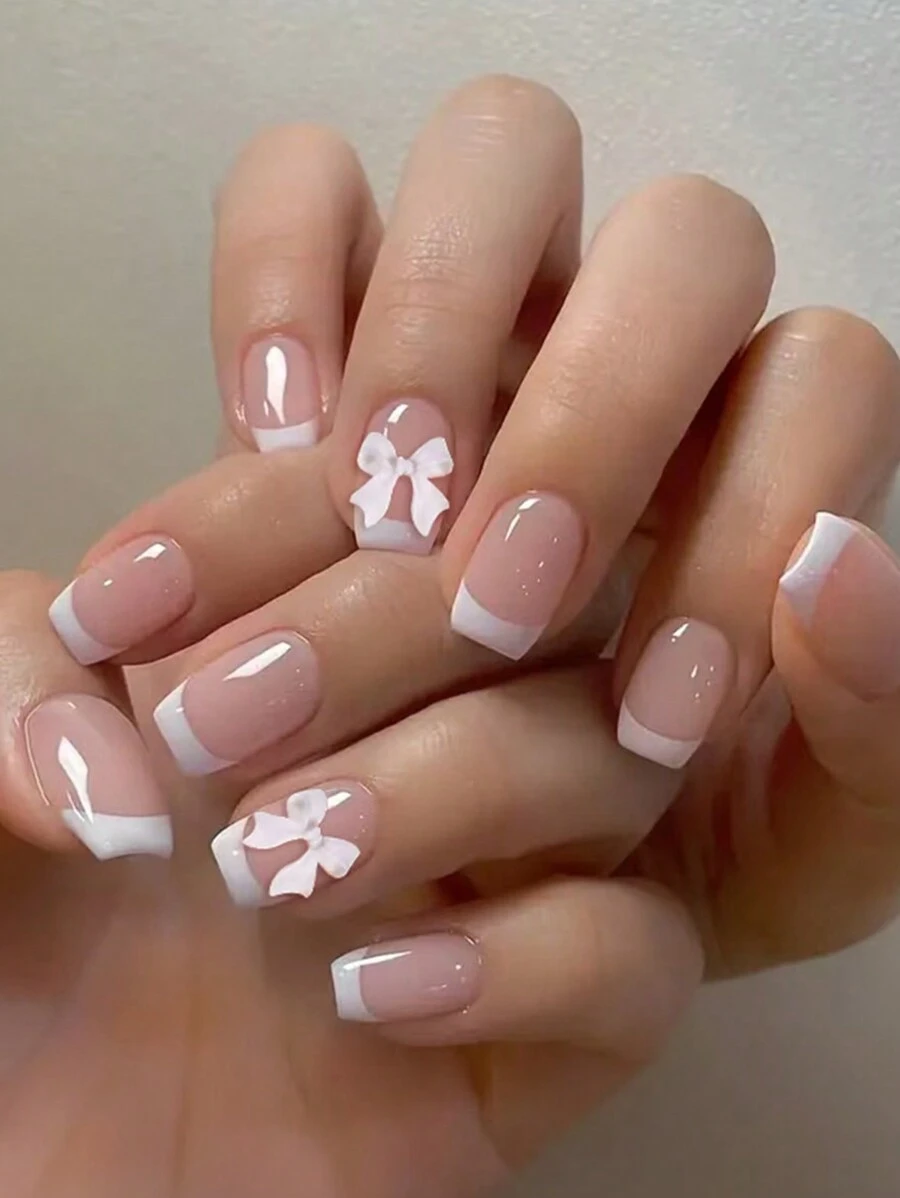 Press On Nails Short Square White French Tip Fake Nails False Nails With Designs Bow Charm Glossy Glue On Nails Stick On Nails Acrylic Nails For Women Girls 24 Pcs