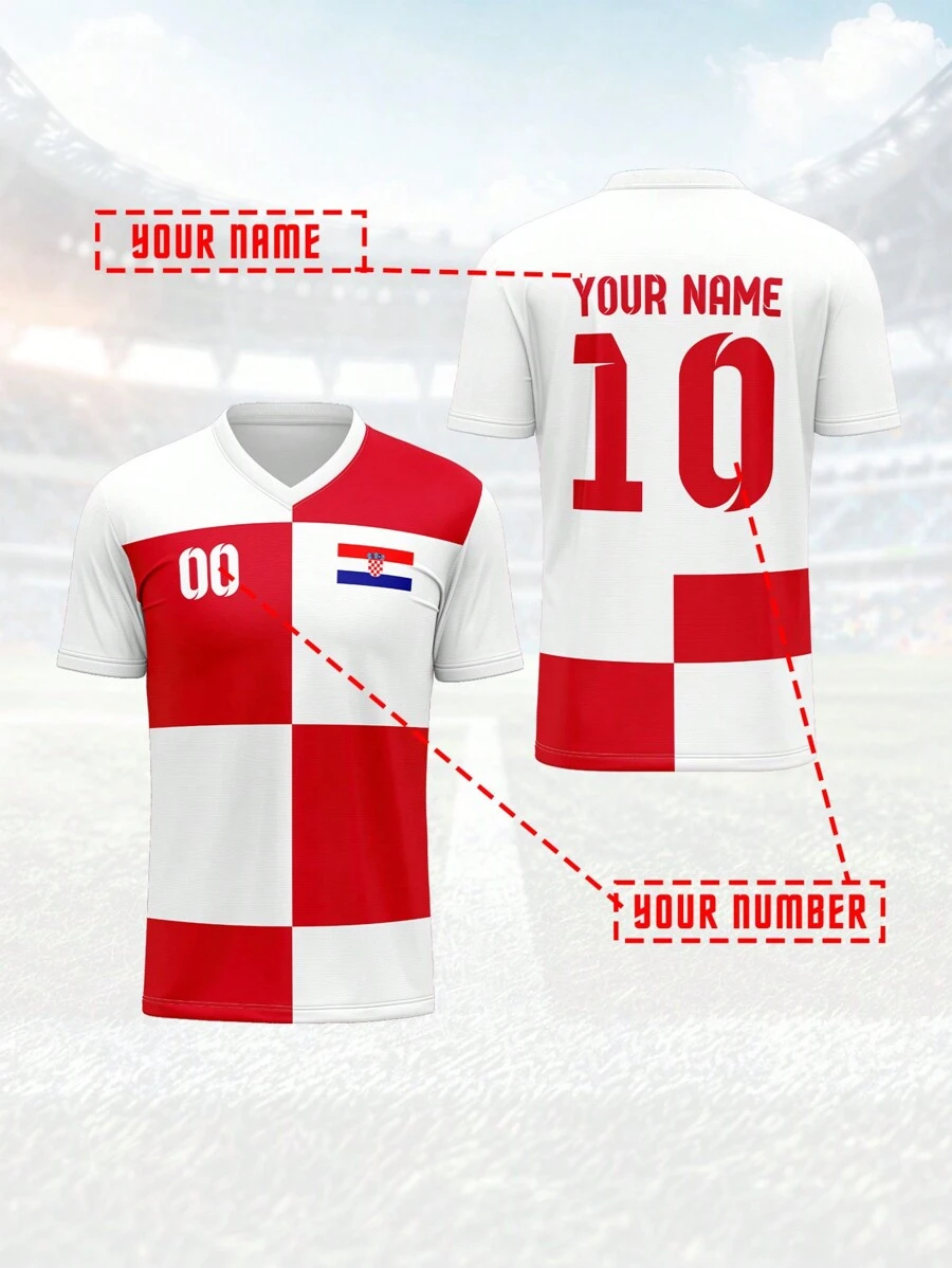 Aangepast Kroatië-shirt, sportkleding voor heren, teamclubtraining, V-hals voetbalshirt met voor- en achterkant, naamnummerlogo, comfortabele pasvorm voor casual, feest, dagelijks gebruik