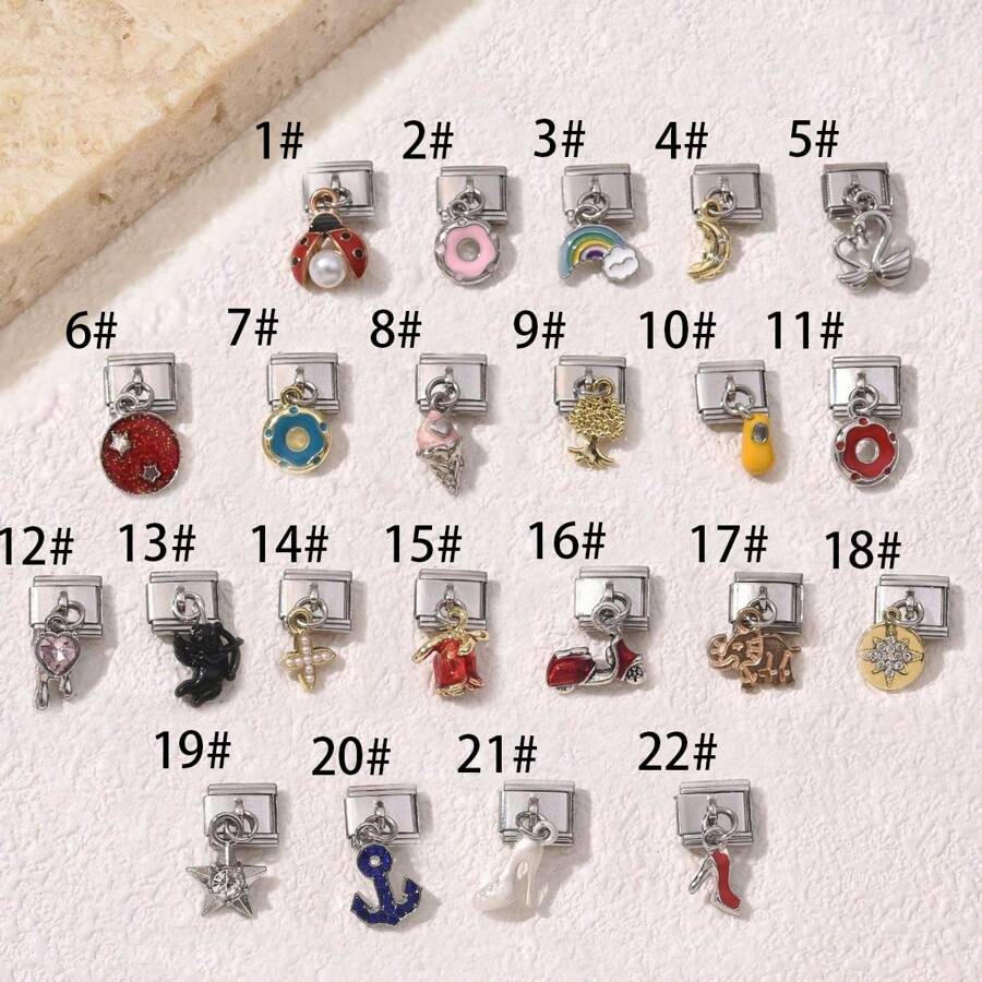 1/5/10 piezas Surtido de dijes encantadores en forma de mariquita, donut, cisne, tacón alto, estrella y helado, serie de dijes modulares italianos para brazalete, accesorios de joyería - Manualidades de joyería DIY