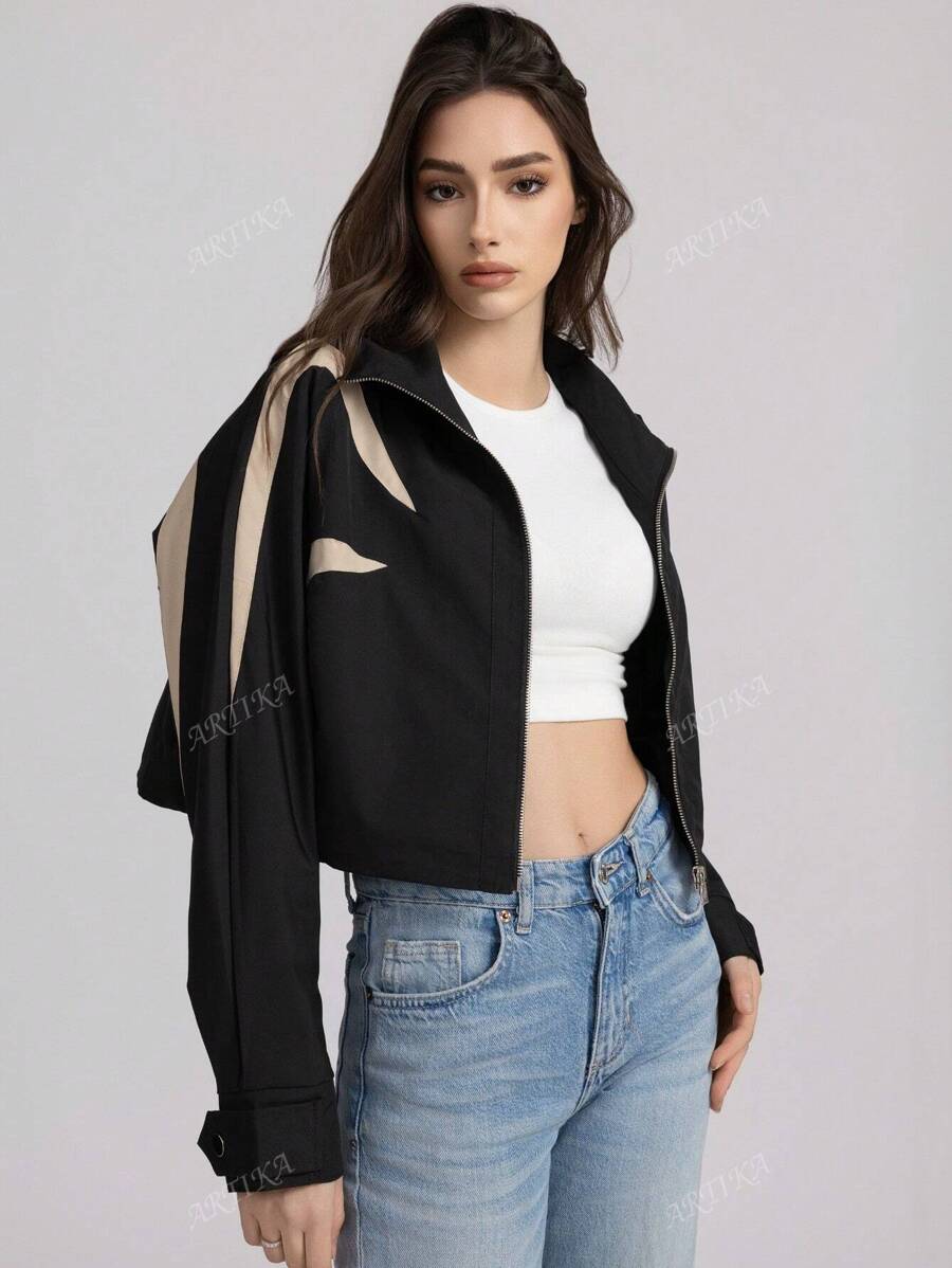 Giacca casual semplice da donna, con cerniera anteriore, manica lunga, in tinta unita con inserti in patchwork
