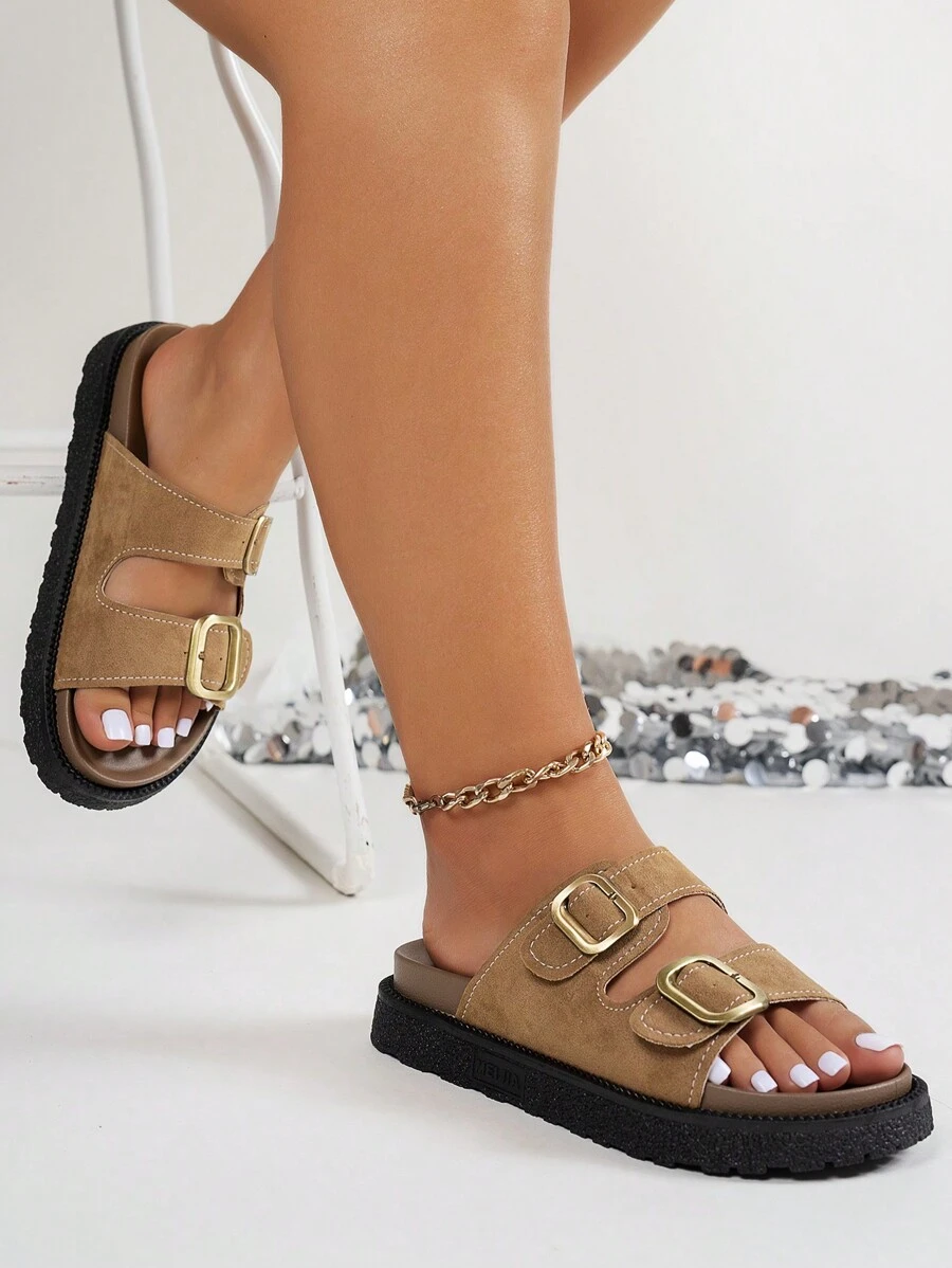 Wide Fit Platform Slide Sandals With Metal Buckle Decor, Comfortable Soft Sole Beach Slippers