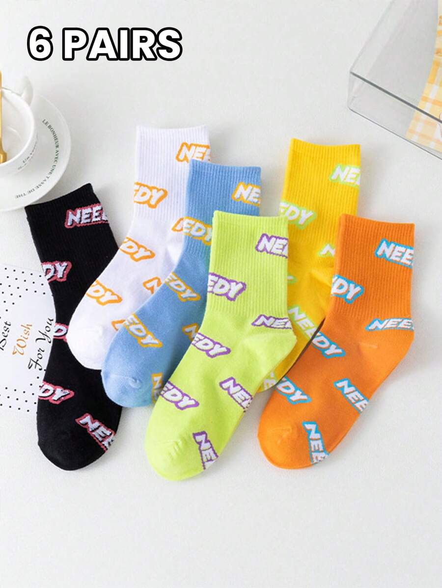 6 Pairs Of Women's Socks Four Seasons Multi-Color Socks Solid Color Letters Fashion Simple Funky Daily Casual Mid-Tube Socks