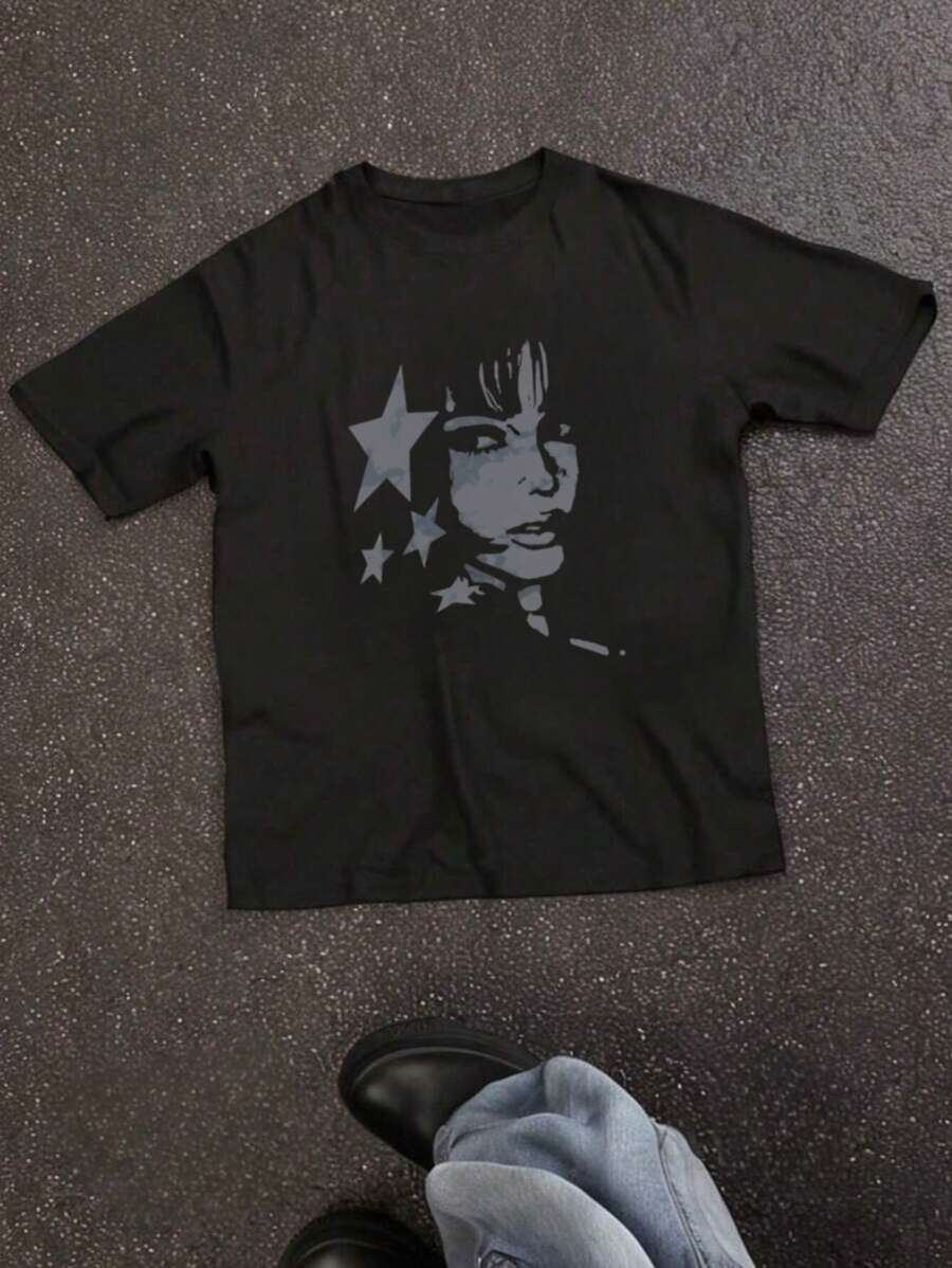 Camiseta de Manga Curta com Gola Redonda Estampada Casual para Meninas e Crianças Pequenas no Verão - Camiseta de Moda Estilo Pentagrama Refresca a Imaginação e Expressão Pessoal das Crianças! Roupas Infantis, Camisetas Gráficas Femininas, Blusas de Verão, Roupas de Menina Pré-Adolescente