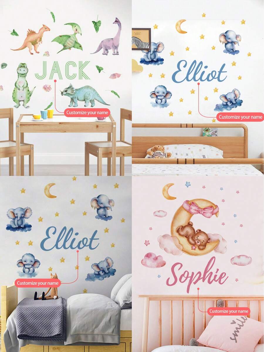 1pc Personalized Custom Your Name, Cartoon Dinosaur, Elephant, Sleeping Bear Wall Decor For Children Boys Girls, Nursery Bedroom Game Room Wall Art Gift