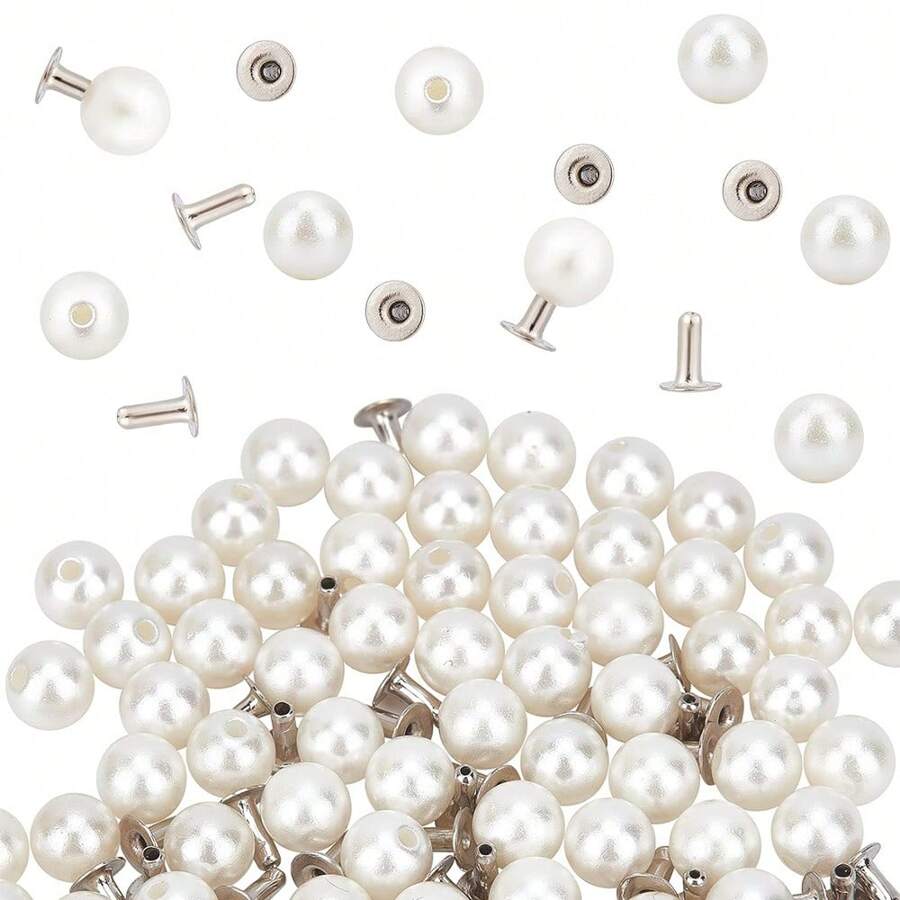 100 Juegos de remaches de perla de 6mm, botones de imitación de perla redonda blanca con pines, kit para decorar ropa, sombreros, bolsos, zapatos, manualidades de costura, tejido, joyería y artesanía DIY