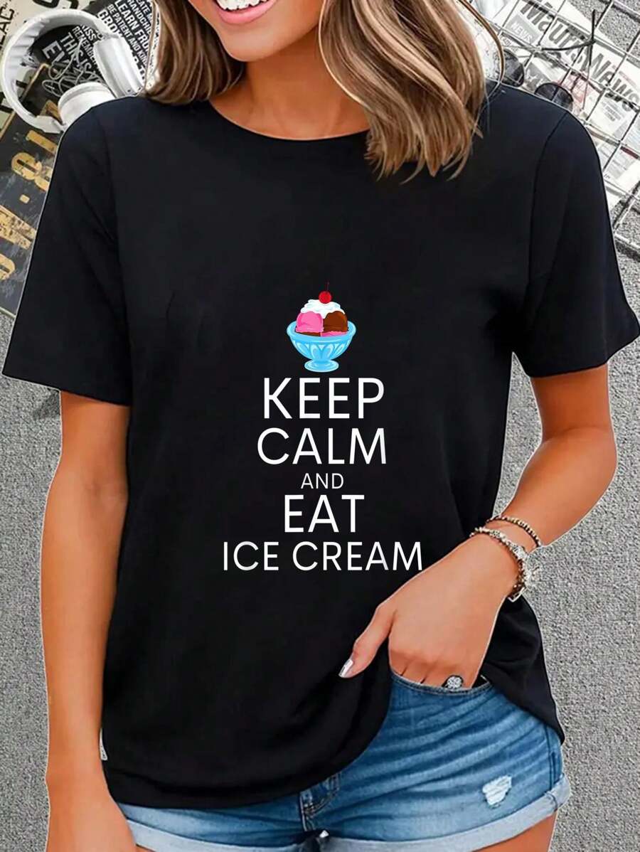 100% Cotton Keep Calm And Eat Ice Cream Shirt Funny Ice Cream Lover T-Shirt