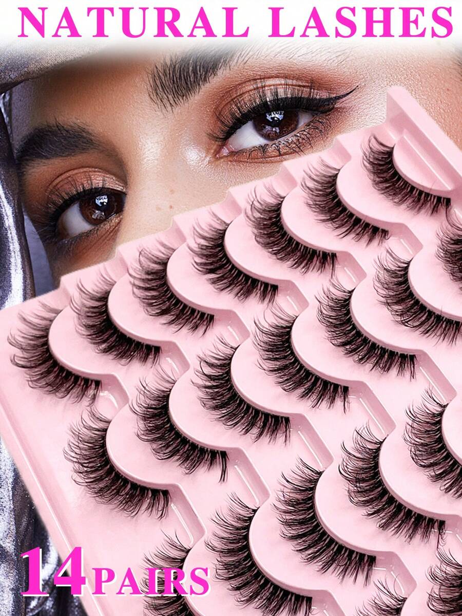ENCHUW 14 pares de pestañas postizas ENCHUW con banda transparente, pestañas naturales rizadas para maquillaje de fiesta, pestañas postizas de imitación de visón