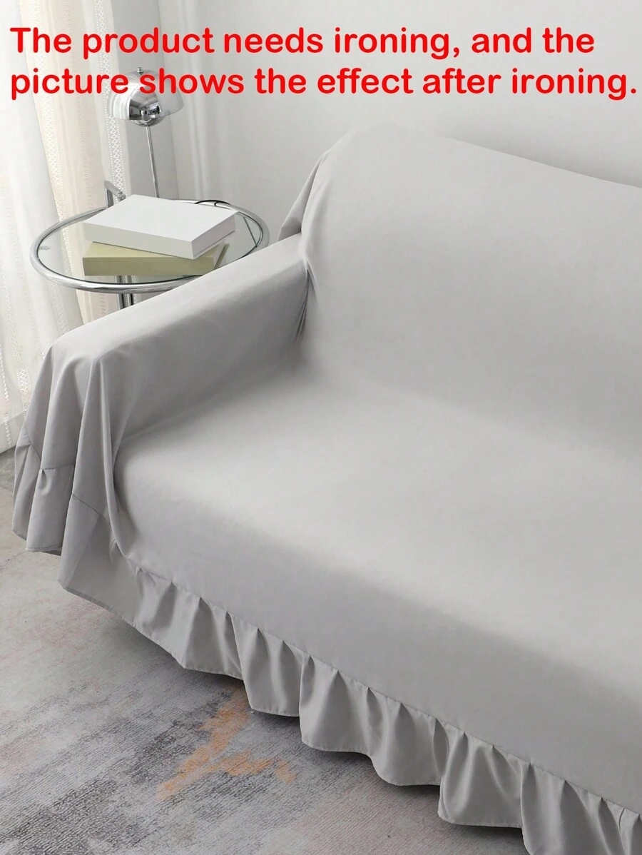 1pc Solid Color Ruffle Trim Sofa Slipcover, Minimalist Polyester Multi-size Stretchy Sofa Cover For Living Room, Bedroom, Home Office