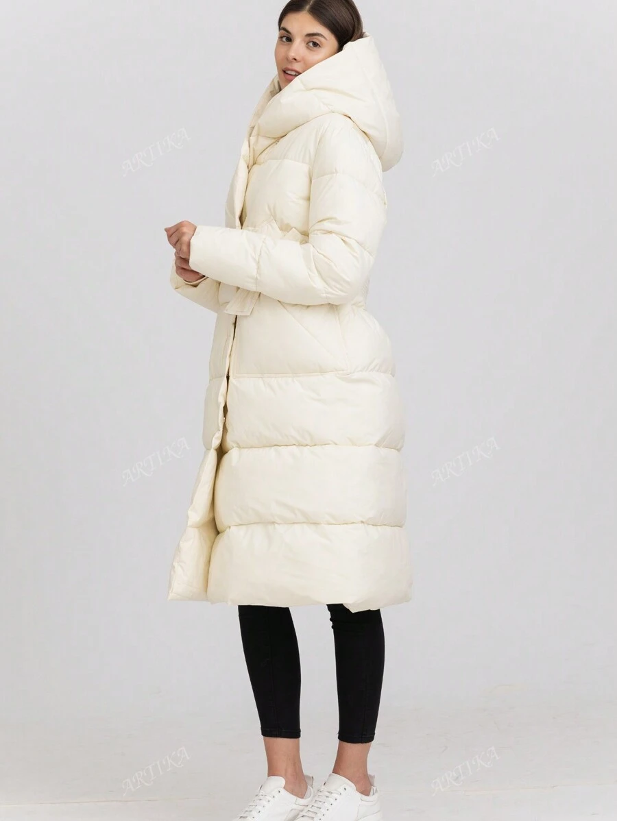 Giacca lunga invernale casual da donna, con cappuccio, a maniche lunghe, colore unito, calda