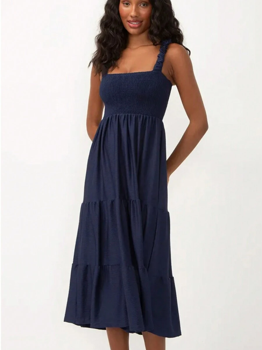 Vestido Midi de Alça larga com Lastex Cor Azul Listrado