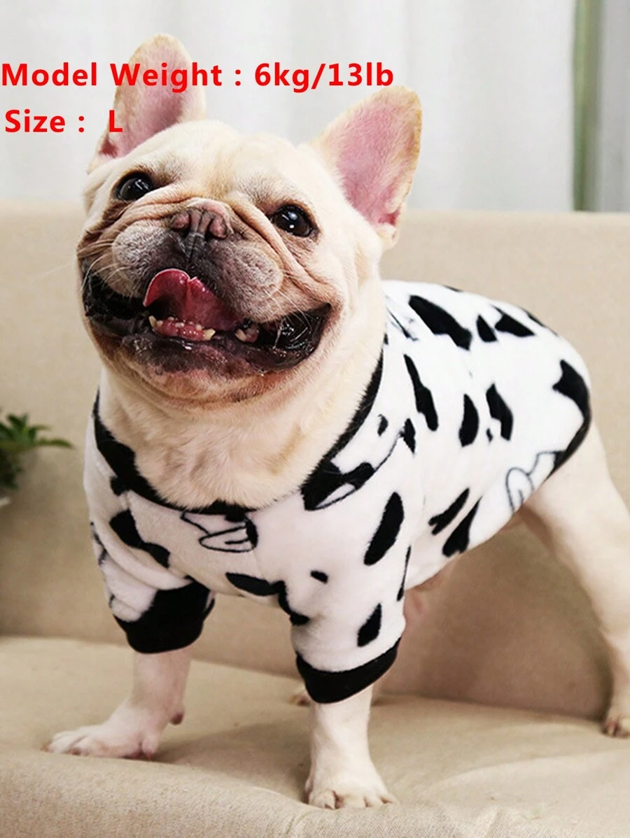 1pc Random Color Cow Print Fleece Sweatshirt For Small Dogs & Cats, Pet Clothing, Warm Autumn/Winter Sleepwear, Please Check Pet's Neck & Chest Size Before Purchase
