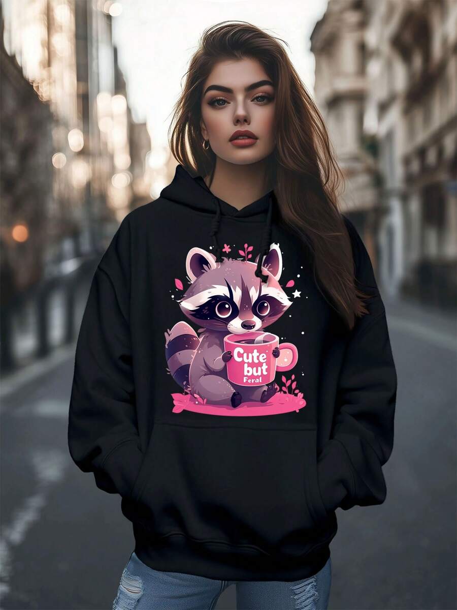 Women's Fashion Cute But Feral Cartoon Raccoon Drinking Print Hoodies Long Sleeve Hood Sweatshirt Loose Fit Tops Fall Streetwear