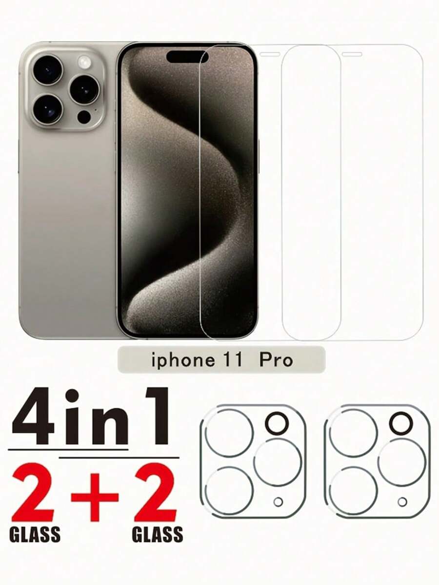 4 en 1 Compatible con 11/12/13/14/15/16 Plus/Pro/Pro Max Protector de pantalla de vidrio templado + Protector de lente de cámara - Cobertura completa, anti-arañazos, accesorio para teléfono
