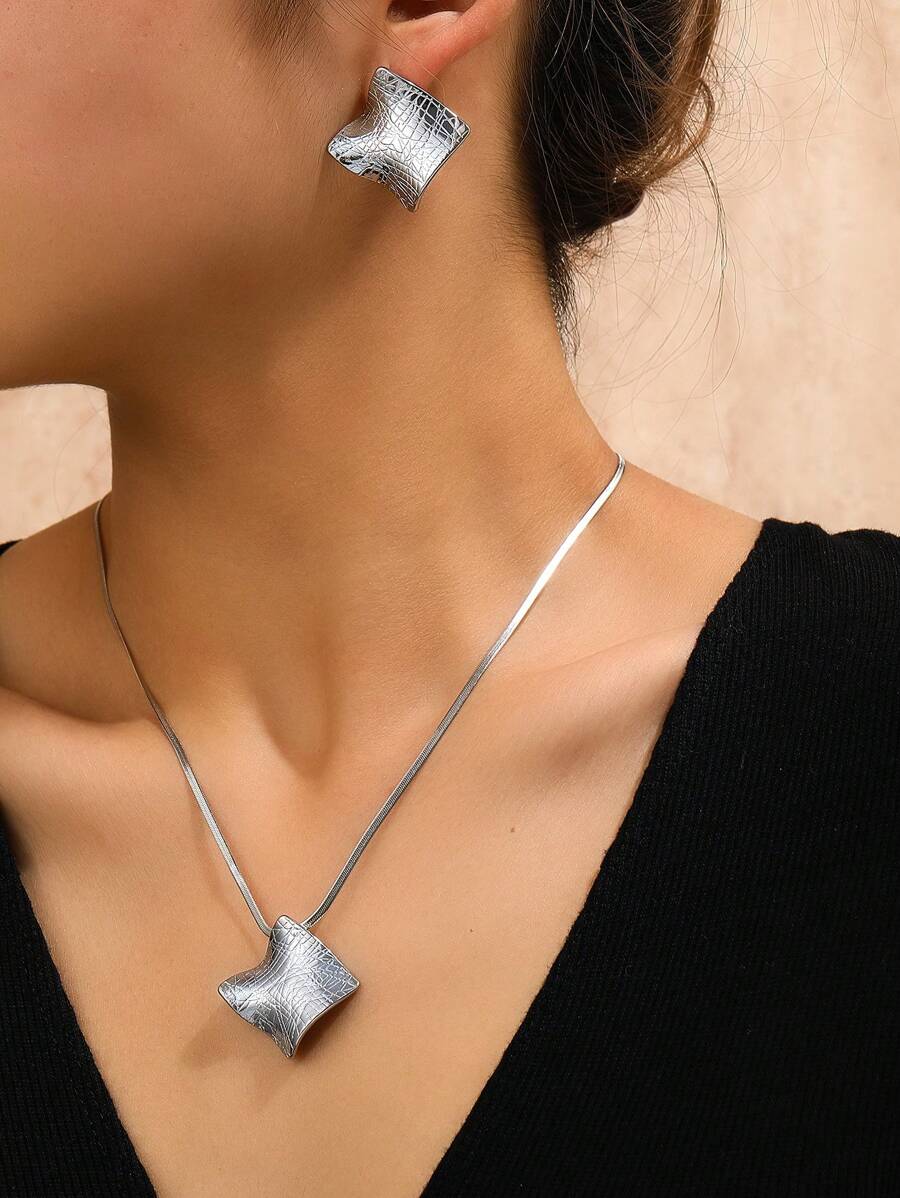 Aomogo 2pcs Asymmetrical Luxurious Creative Stainless Steel Geometric Leaf Textured Necklace & Earrings Set, Suitable For Daily Wear