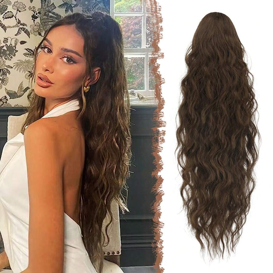 FESHFEN Extensions de cheveux queue de cheval longues avec boucle de traction cheveux synthétiques longs ondulés bouclés pince naturelle en postiche cheveux tressés pour femmes 65 cm