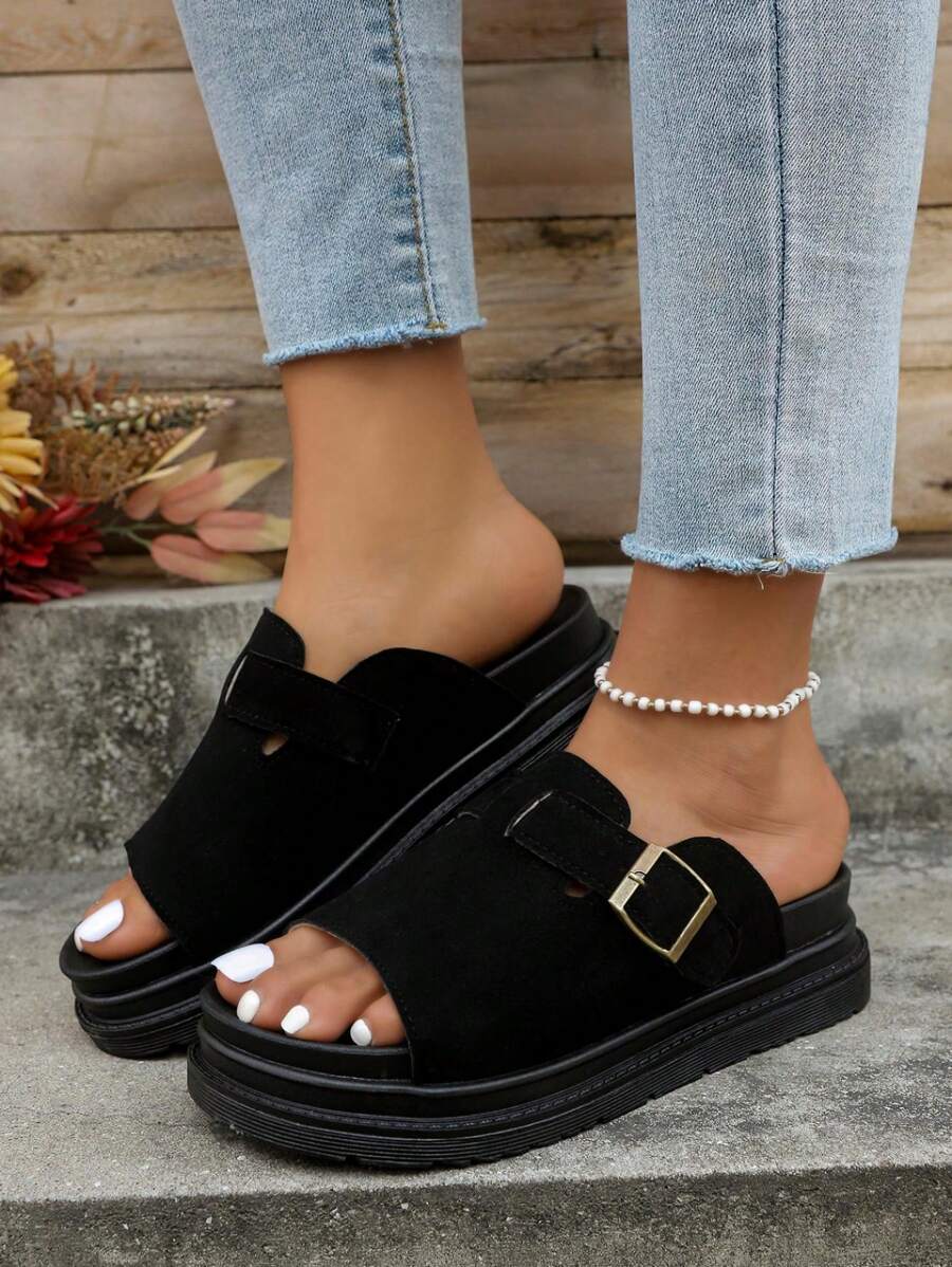 Women's Round Toe Thick Sole Open Toe Suede Slip-On Flat Shoes With Metal Buckle Decoration, Comfortable Casual Versatile Platform Sandals For Daily Wear, Work, School, Music Festival, Beach Party, Dating, Vacation