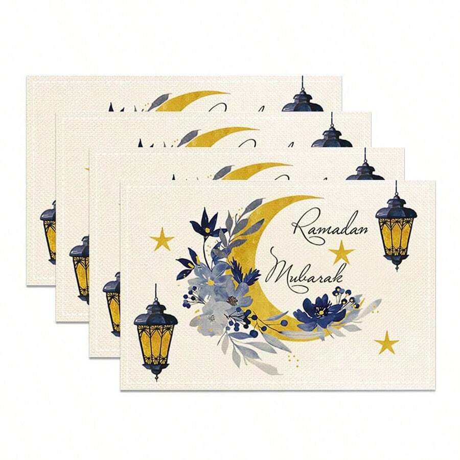 4/6/8 Pieces Set Linen Placemat, Heatproof, Modern Design With Lantern & Moon Pattern, Suitable For Holiday Dining And Kitchen Decor, 12x18 Inches