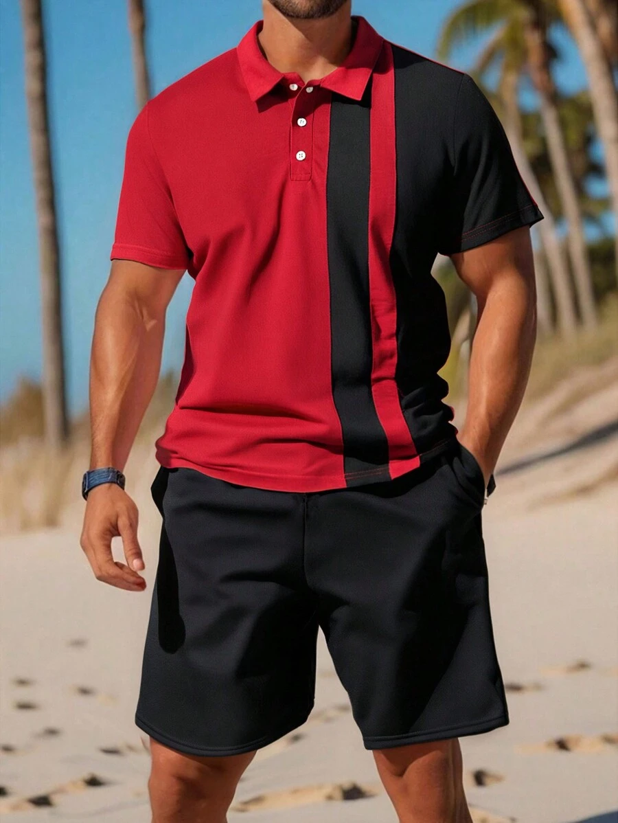 Men's Colorblock Short Sleeve Polo Shirt Set, Minimalist & Fashionable, Suitable For Summer