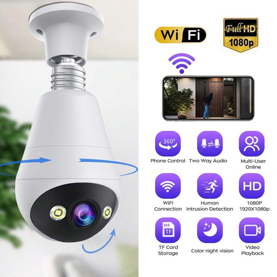 Ampoule caméra WIFI 1080P 2,4 G, caméra IP panoramique intelligente mini HD 360°, E27 intérieure/extérieure, surveillance dôme 2,4 G, moniteur bébé/animal de compagnie, audio bidirectionnel, détection de mouvement avec alarme, compatible avec téléphone 5G, ordinateur, iPad