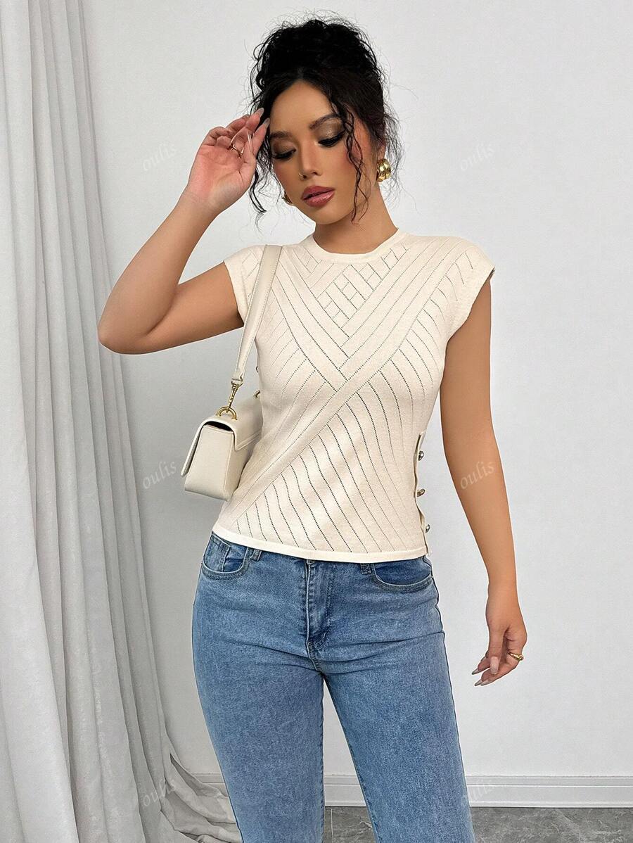 Women Solid Color Round Neck Hollow Casual Blouse, Everyday Wear