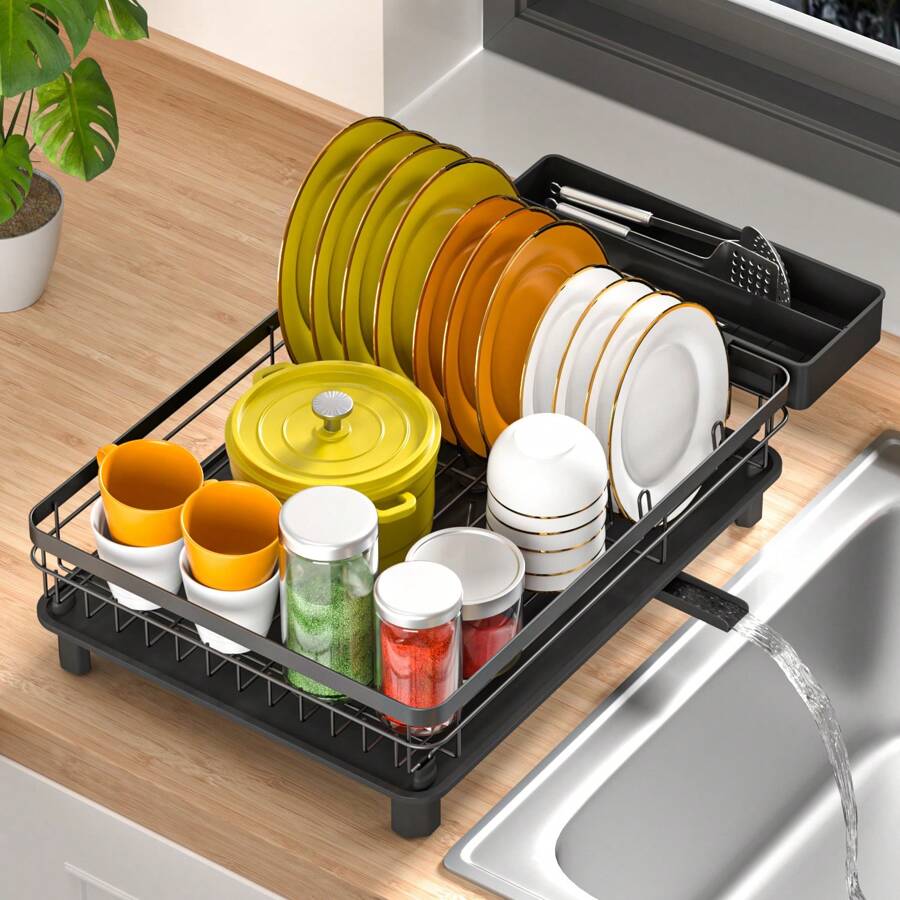 Vajilla escurreplatos, escurreplatos de una sola capa, escurreplatos con bandeja de goteo y boquilla en espiral, escurreplatos con soporte para cubiertos extraíble