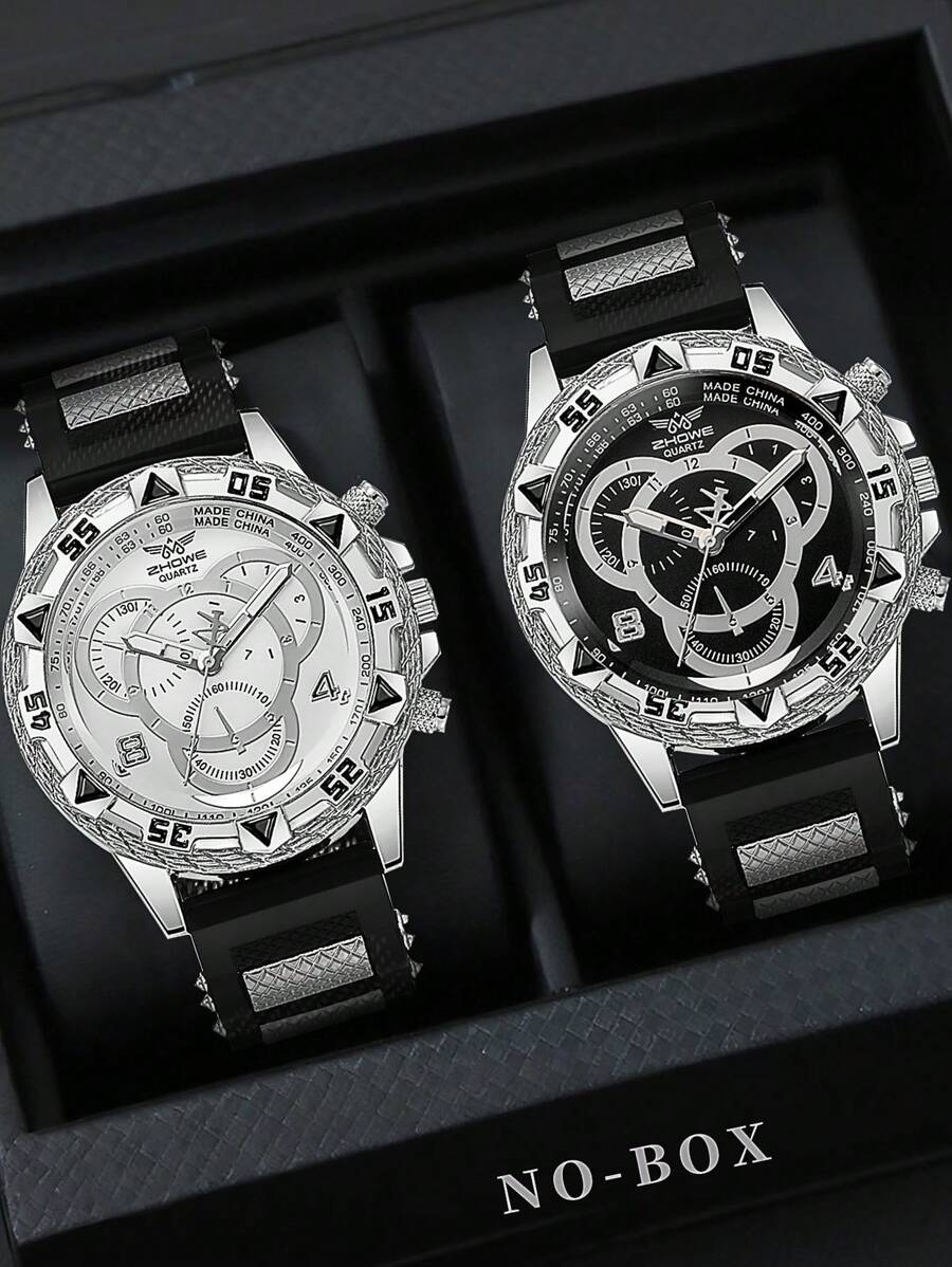 2PCS/Set Men's Black Silicone Strap Fashionable Business Style Quartz Watch, Suitable As A Holiday Gift, Daily Wear