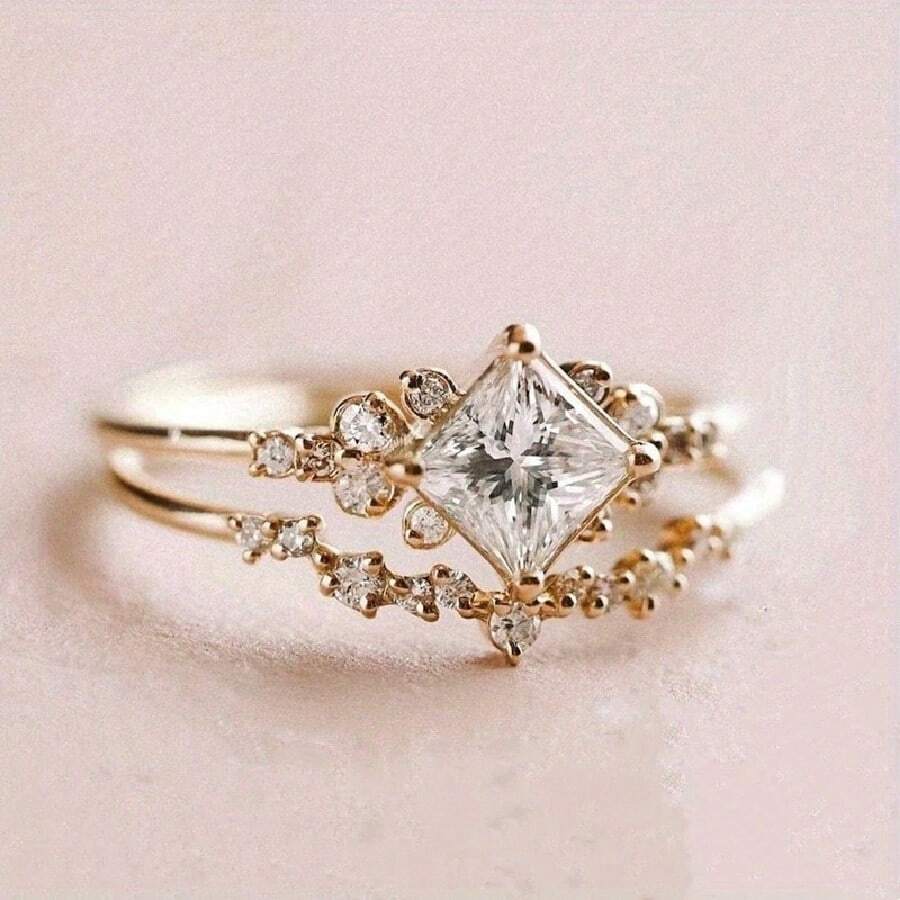 Set de 2 anillos de compromiso con cristal de corte princesa, anillo de boda único y artístico, decoración de novia, regalo para aniversario de boda o Día de San Valentín