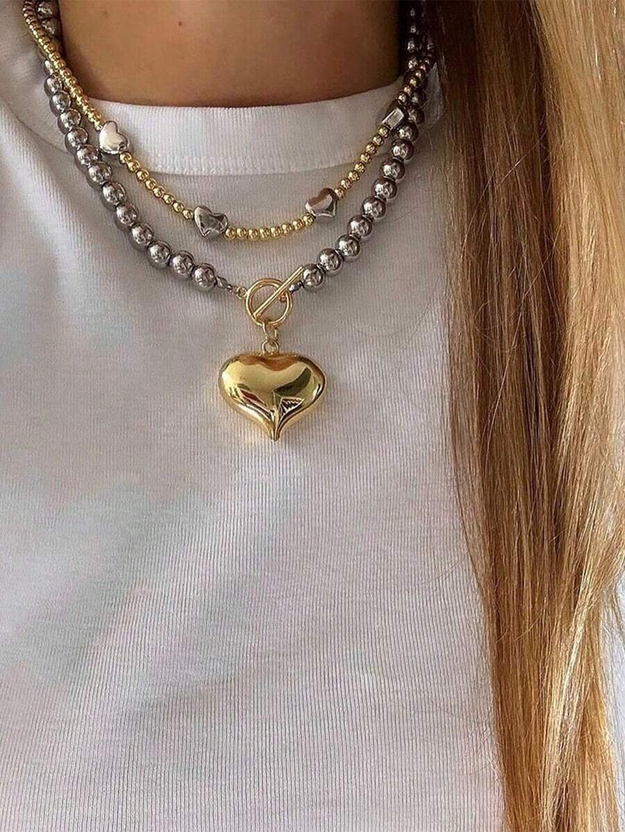 2er-Set, übertriebenes Kugeldesign Halskette, Edelstahl Herz Anhänger Halskette für Frauen, Valentinstag, Mama, Mutter, Muttertag, Geschenk