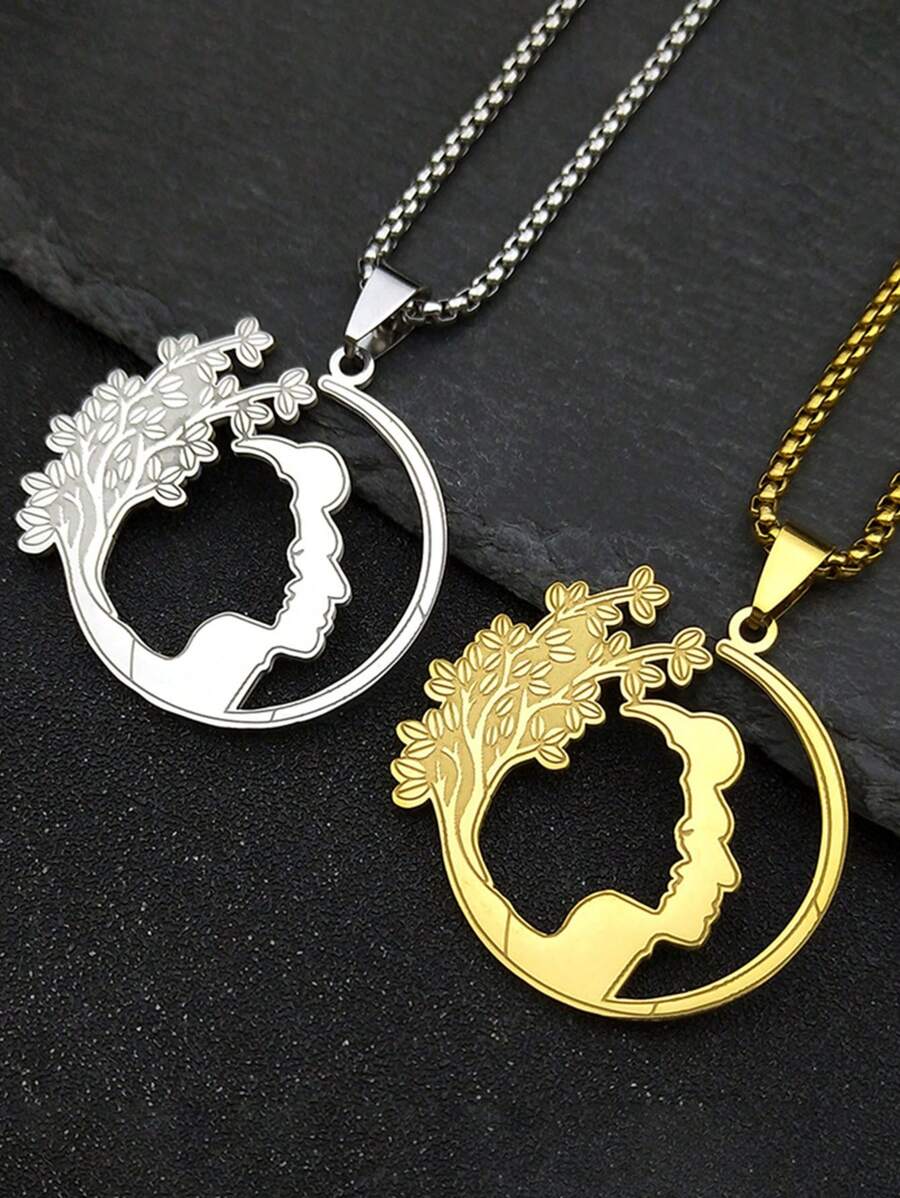 Collar con colgante de cara y luna de árbol para mujeres y hombres, de acero inoxidable en color oro y plata, joyería de regalo