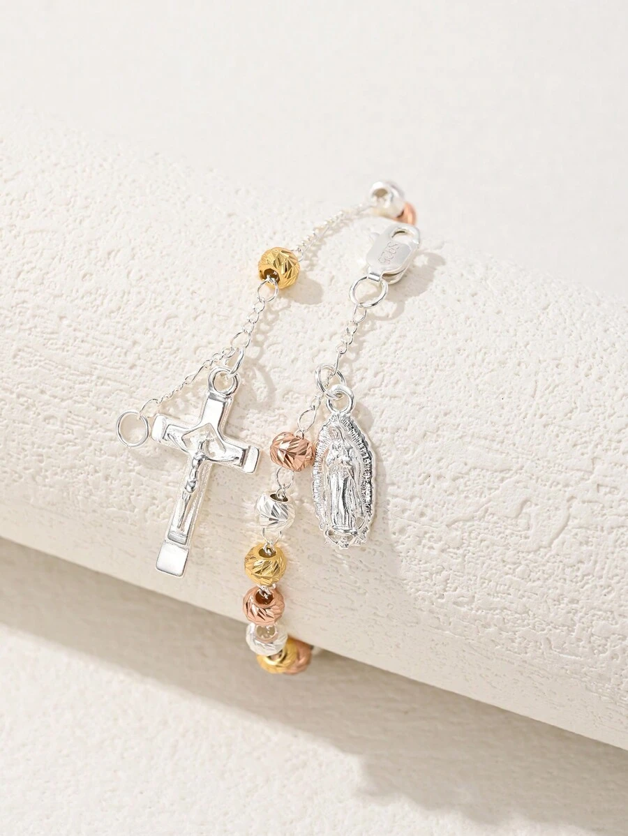 1 pieza Pulsera con colgante de la Virgen María y cruz católica chapada en estilo clásico de dos tonos, hecha a mano pura de plata 925 con caja de regalo de lujo, adecuada para madres/San Valentín, parejas, hermanas, amigos, creyentes para uso diario/festival y oración
