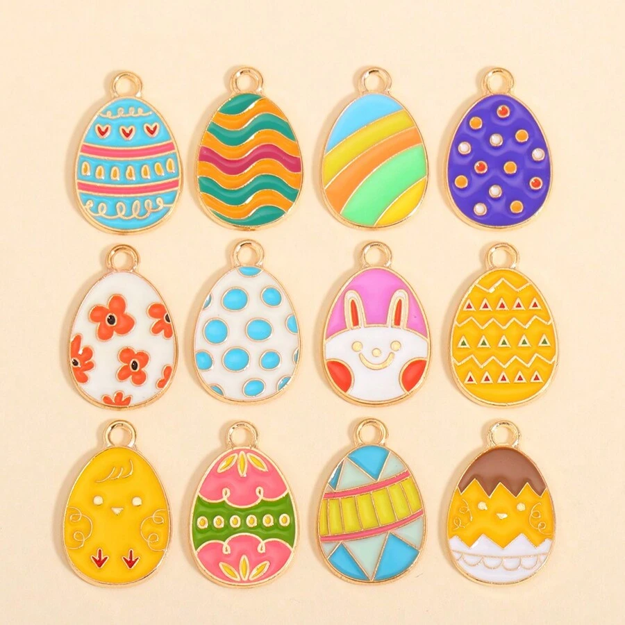 10pcs Cartoon Easter Eggs Oil Dripping Pendants, Suitable For DIY Cute And Interesting Painted Eggshell Charm Earrings, Necklaces, Jewelry