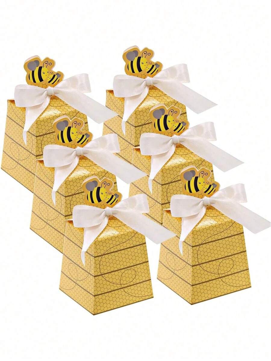 10pcs Bee Pattern Paper Gift Boxes With Bow Decor, Candy Boxes For Birthday, Party Decoration Packaging