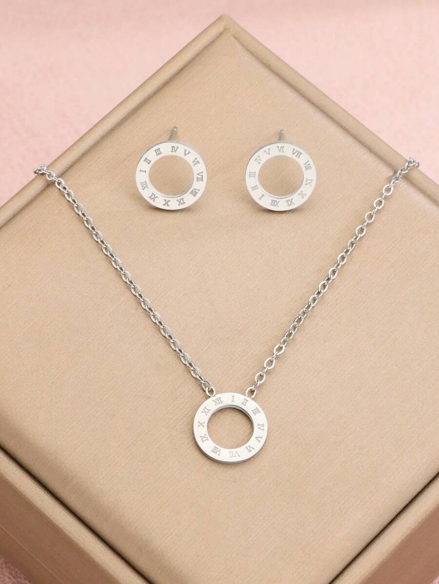 1set/3pcs 2025 New Roman Digital Ring Buckle Gold Color Stainless Steel Zirconia Necklace Earrings Wedding Jewelry Set