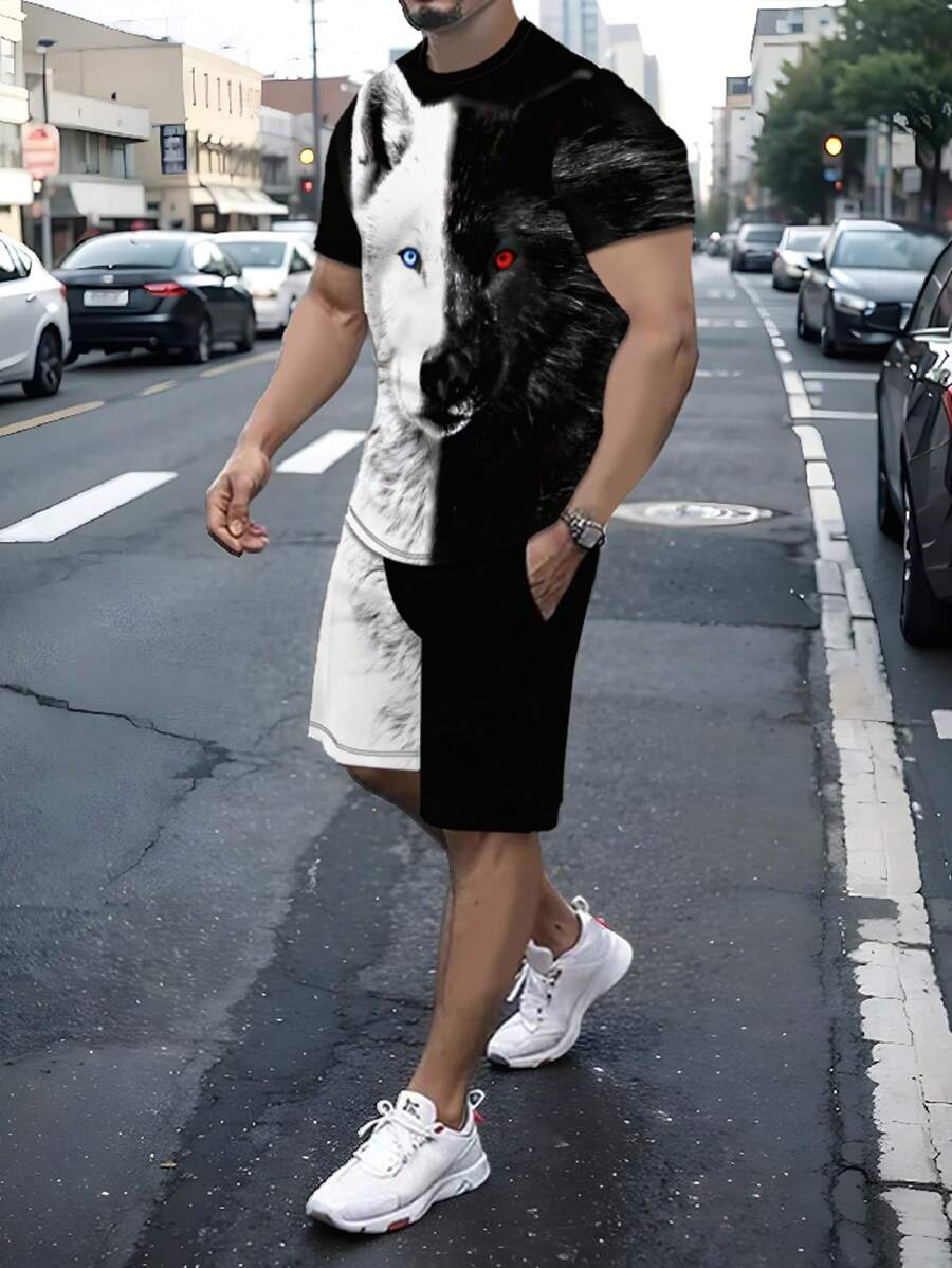 Set casual de 2 piezas para hombre: Camiseta de manga corta con cuello redondo y pantalón corto con cordón en negro y blanco con diseño de bloque pespunteado