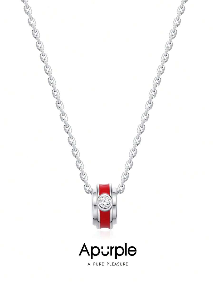 1 pieza Collar de plata esterlina 925 con circonita cúbica de grado 5A y esmalte rojo, cadena de 40 cm con extensión ajustable de 6 cm, collar elegante y de moda apropiado para fiestas y citas de mujeres