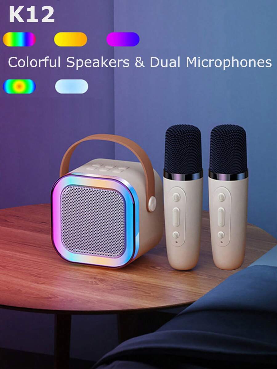 Altavoz portátil Bluetooth K12 con 2 micrófonos de karaoke, batería integrada, entrada AUX/tarjeta TF/USB, luces ambiente de colores, adecuado para reuniones interiores, campamento al aire libre y canto
