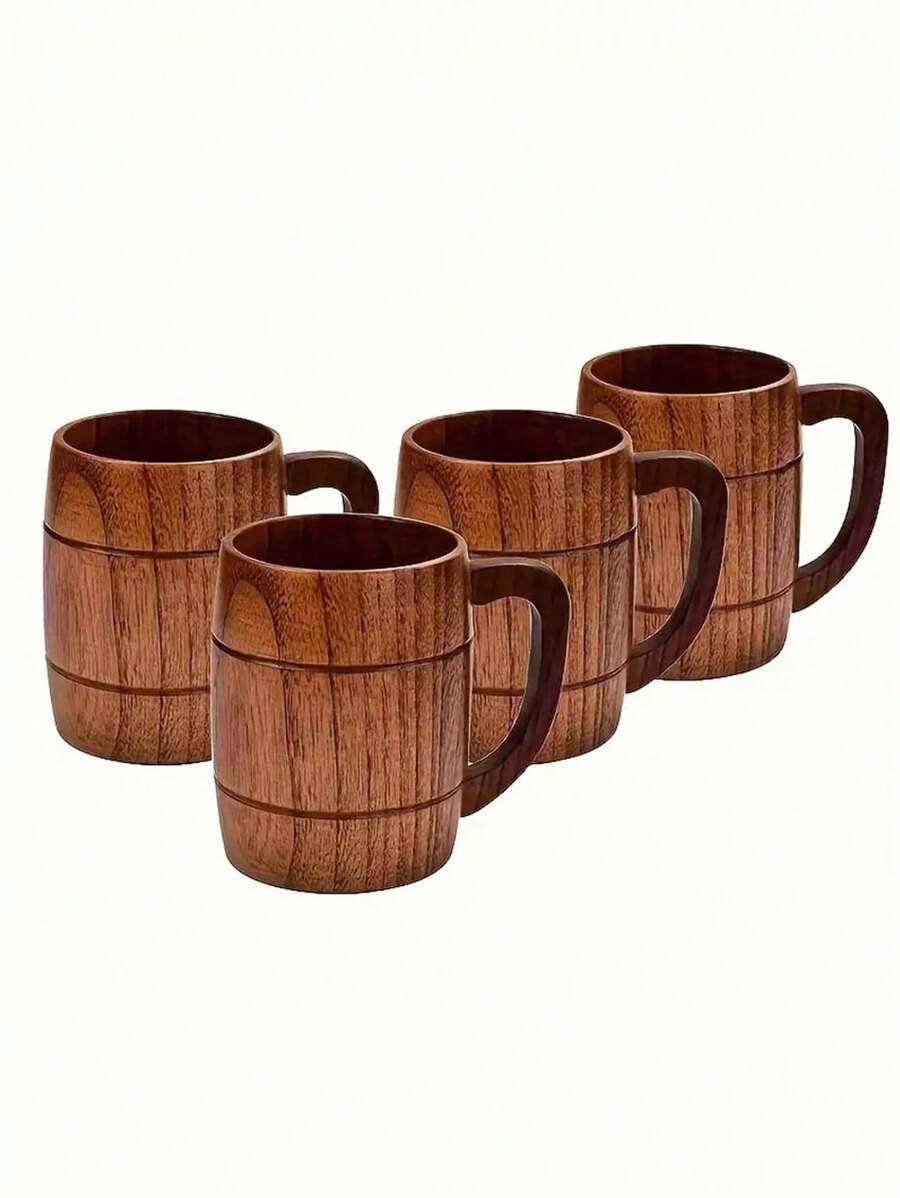 KEMORELA 2/4 pièces Chope à bière en bois avec poignée, Tasse à thé anti-brûlure en bois de jujube, Tasse à café, Tasse à eau, Tasse à lait pour le petit-déjeuner, Tasse portable, Tasse en bois massif pour restaurant/hôtel/restaurant commercial/Fête de l'Aïd al-Adha Moubarak
