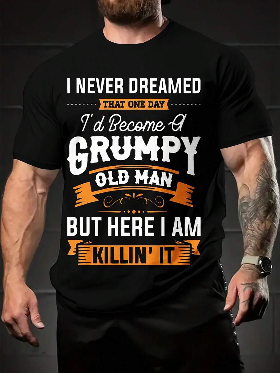 Camiseta casual de manga corta, cuello redondo, con estampado de lema de letra para hombres de moda