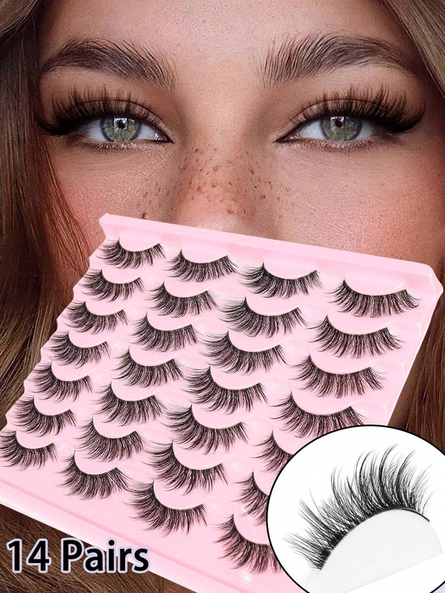 14 pares de pestañas postizas de estilo ojo de gato alargado, densas y gruesas, con aspecto natural de 16mm