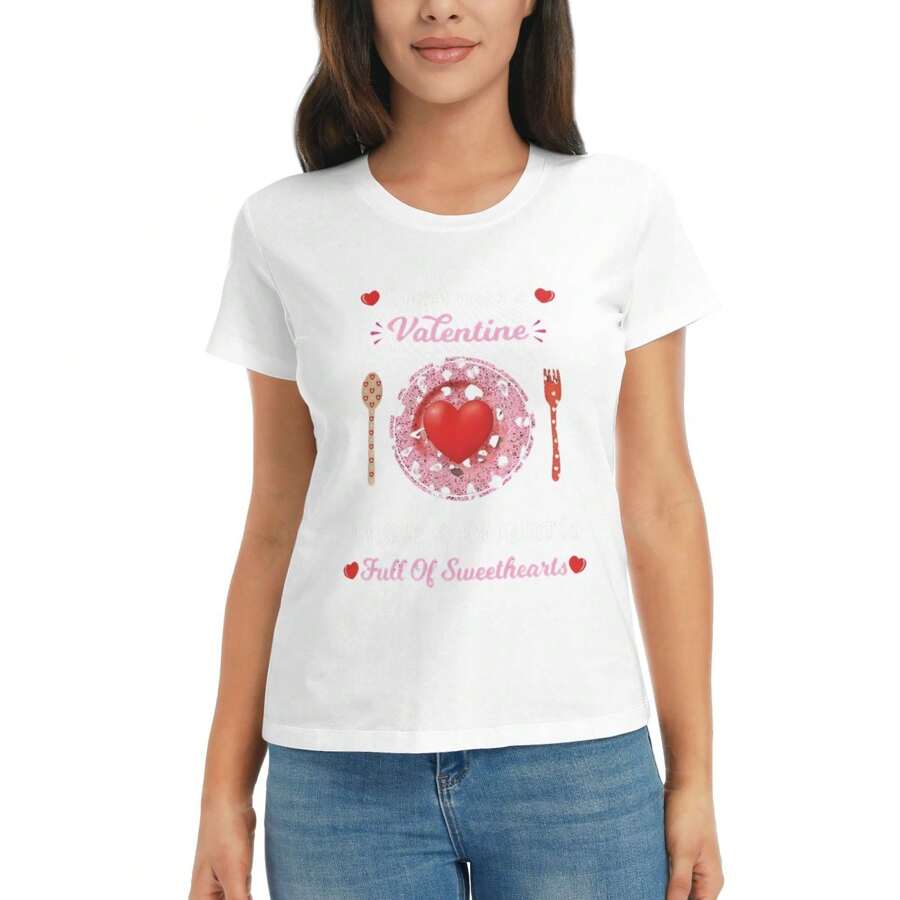 Women's Valentine's Day Lunch T Shirt ,Crew Neck Short Sleeve T-Shirts