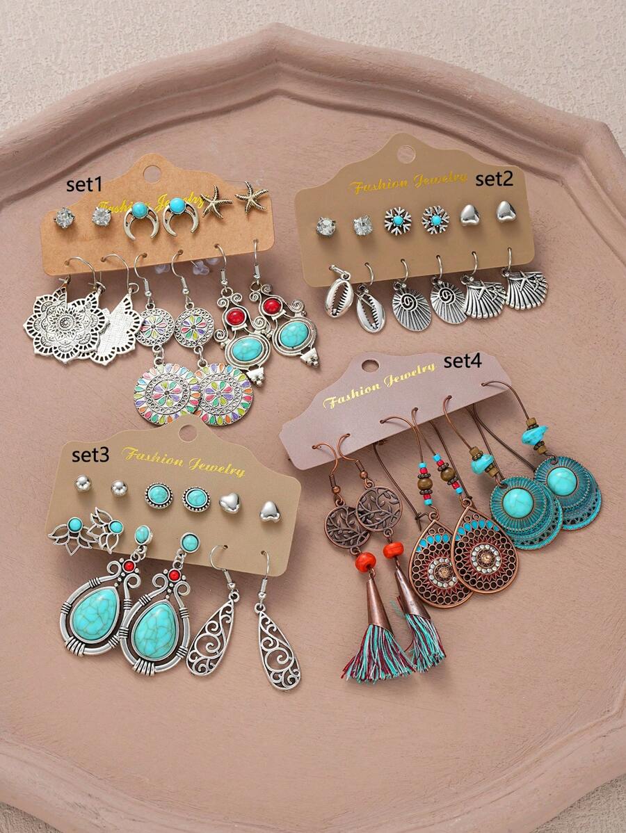 24 pièces/6 pièces Set de boucles d'oreilles résine à pompons bohèmes vintage, boucles d'oreilles à tige et pendantes en forme de cœur, lune, fleur. Convient pour les voyages, les tenues casual quotidiennes