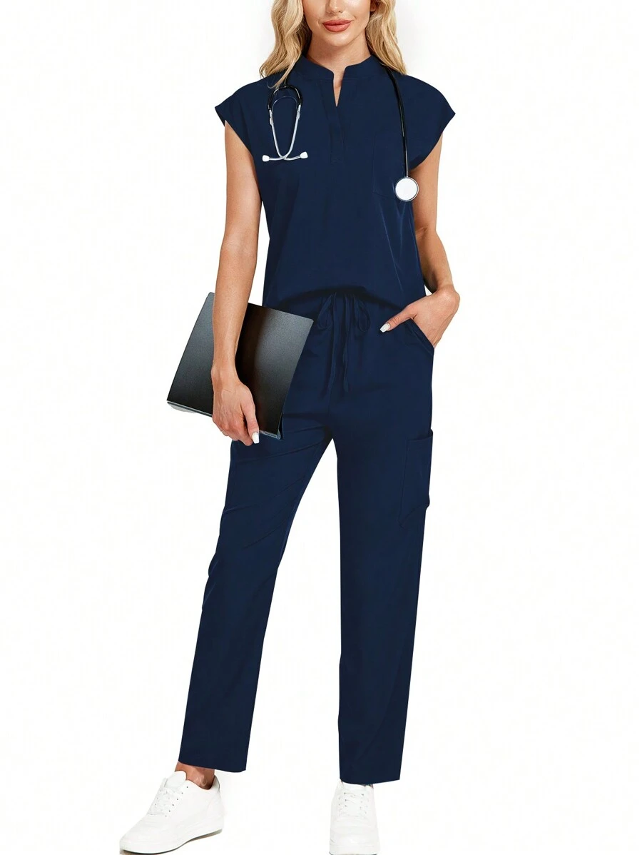 2pcs Solid Color Notched Neck Top And Pants Uniform Set Scrub Set