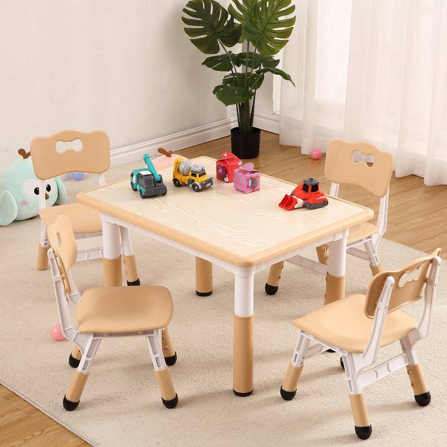 Kids Table And Chairs Set, Height Adjustable Desk With 4 Seats, 31.5'' RectangleArts & Crafts Table,Graffiti Desktop, Non-Slip Legs, 5 Piece Children Multi-Activity Table For Classrooms,Daycares,Home