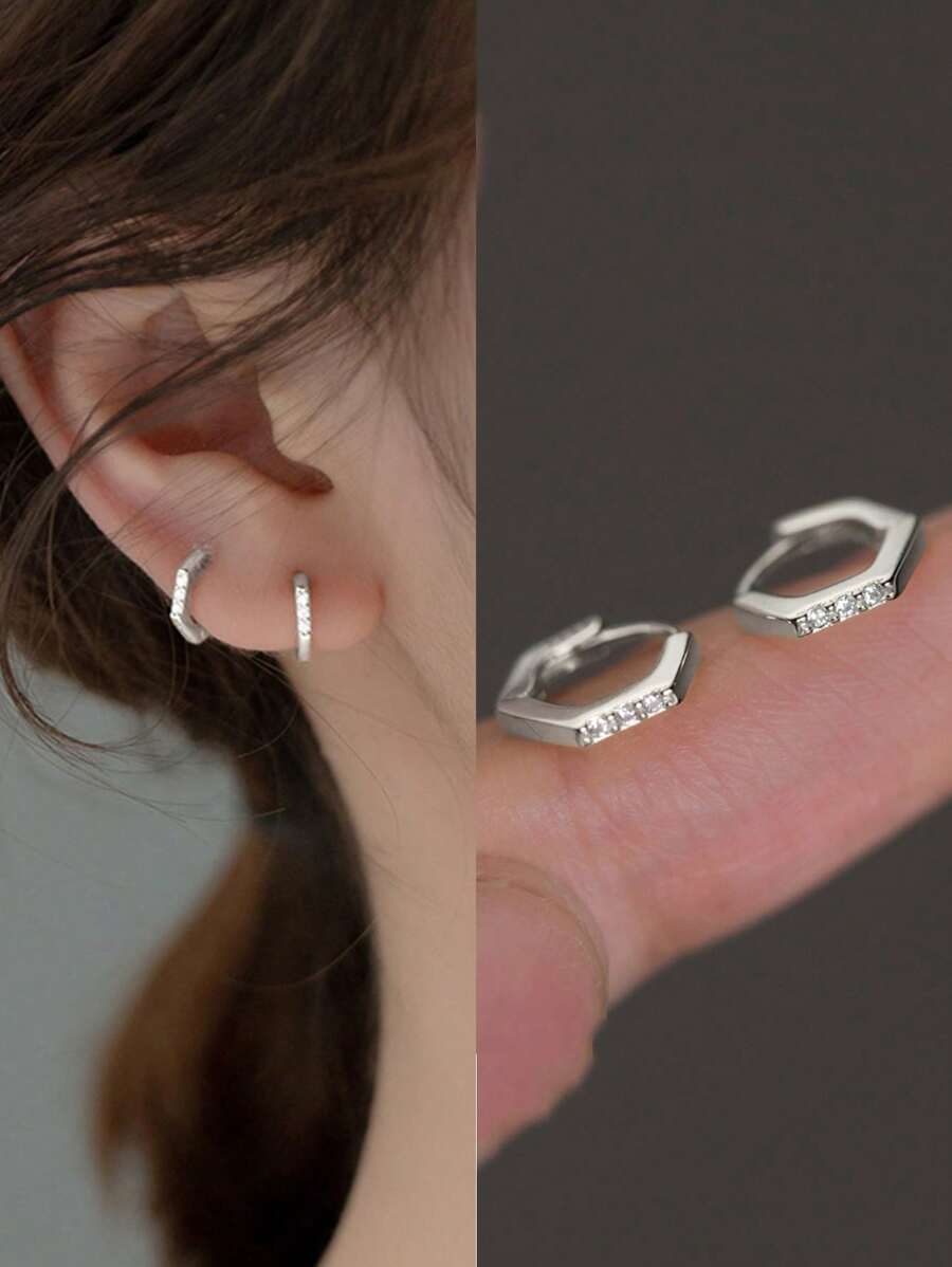BALMORA 1 Pair Exquisite S925 Sterling Silver Hexagonal Mini Ear Buckle Micro Inlaid Zirconia Ear Bone Earrings For Girl/Women/Girlfriend/Mother Retro Party Dating Gift Daily Wear Birthday Gift