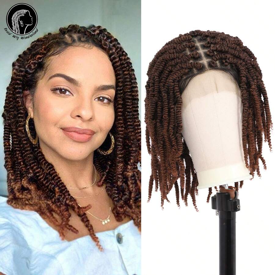 Full Double Lace Braided Wigs Knotless Spring Twisted Braids Wigs Passion Twist Wigs For Women 16 Inches Synthetic Lace Front Bob Braid Hair Wigs