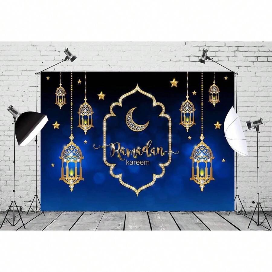 Sfondo in tessuto blu per il Ramadan con lanterne dorate, mezza luna e stelle, backdrop fotografico per Eid Mubarak, decorazione per la celebrazione del Ramadan, cartellone e banner per feste del Ramadan
