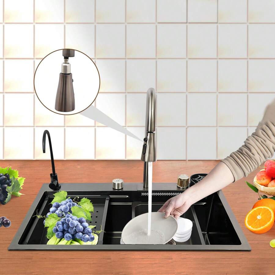 kangten Évier de cuisine en acier inoxydable, ensemble d'évier à cascade, évier intégré avec robinet et planche à découper